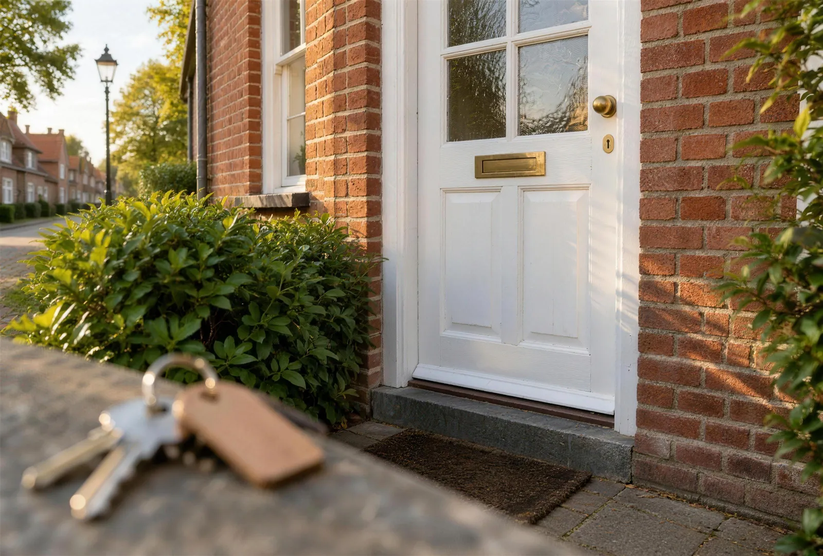 Witte voordeur van een bakstenen woning, sleutels op de stoep