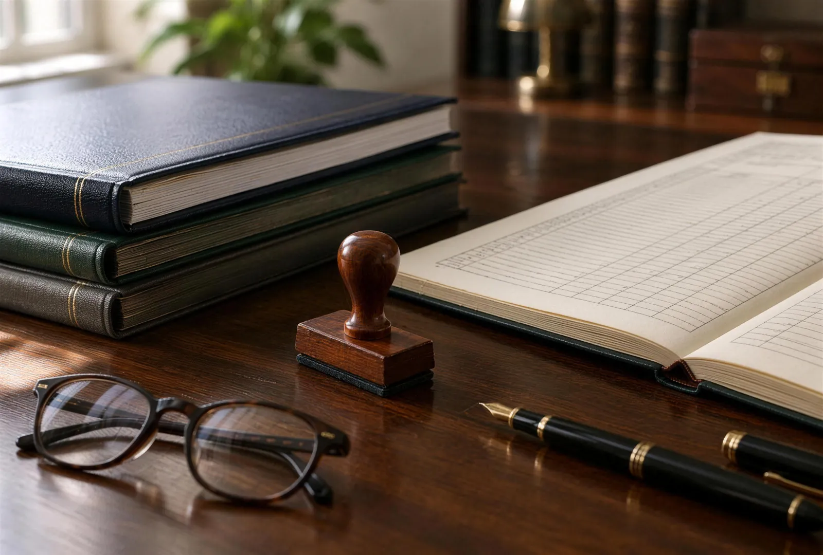 Statuten, aandelenregister, stempel en vulpen op een bureau