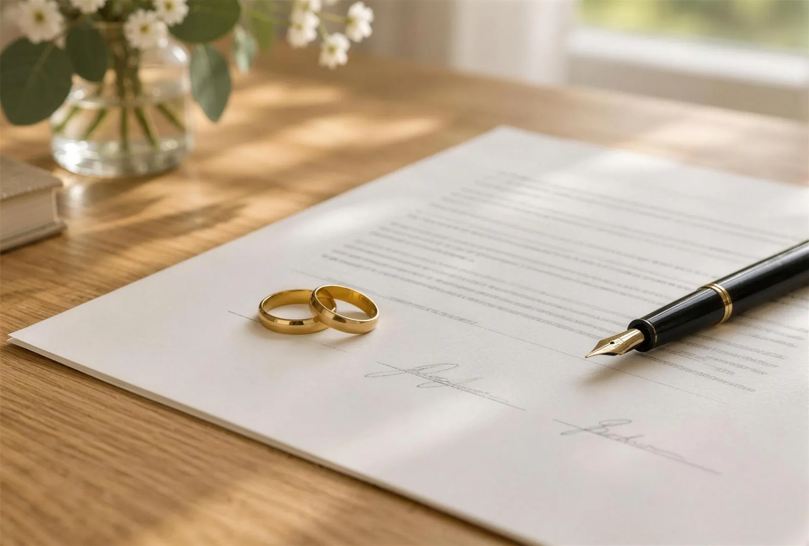 Twee trouwringen op een ondertekend document