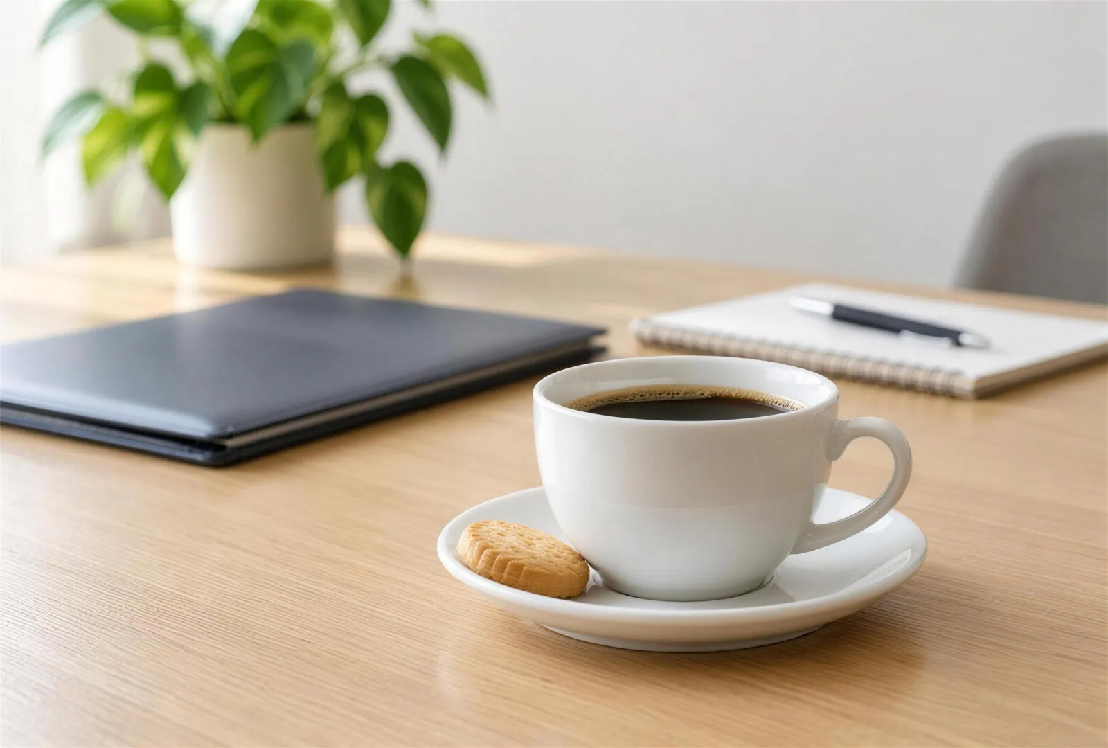 Kopje koffie op een vergadertafel in een licht kantoor