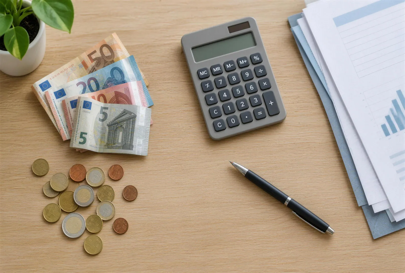Euromunten, bankbiljetten en een rekenmachine op een bureau